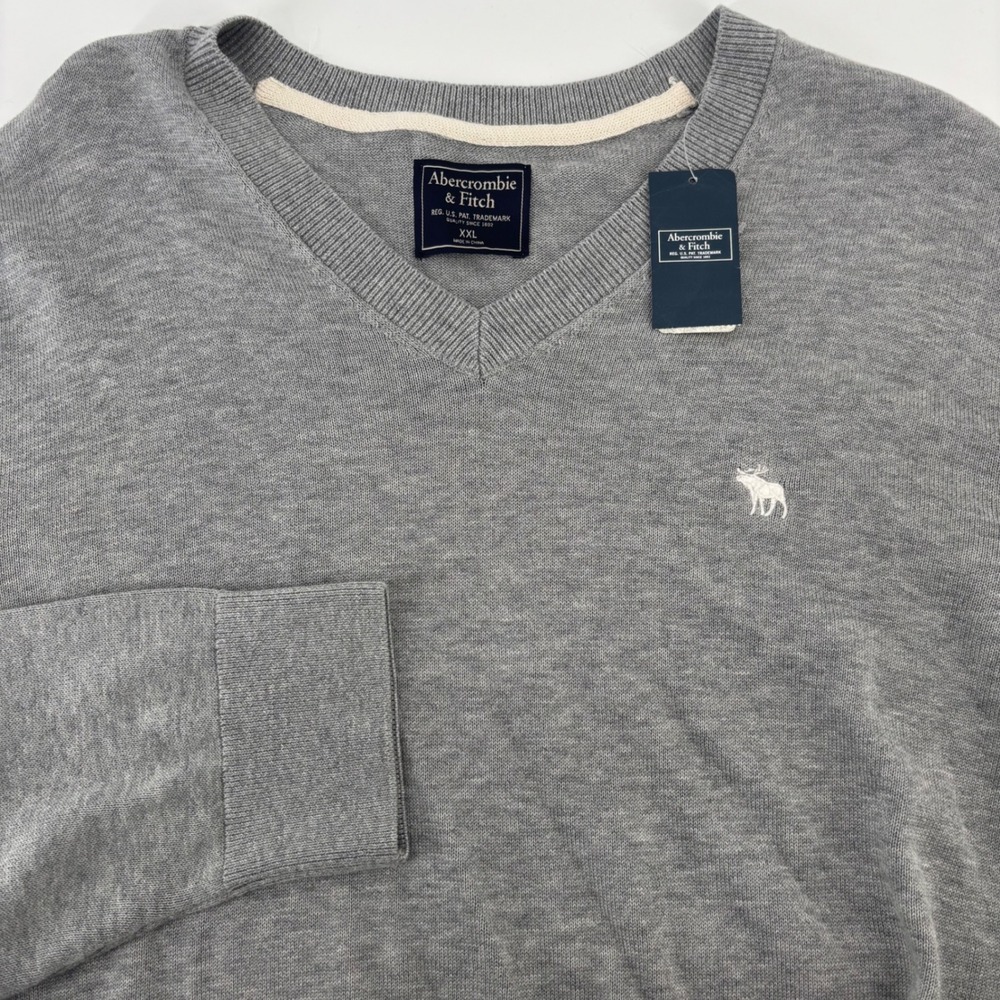 Abercrombie & Fitch V-Neck Sweater Men XXL Grey Pima Cotton NWT Moose Logo